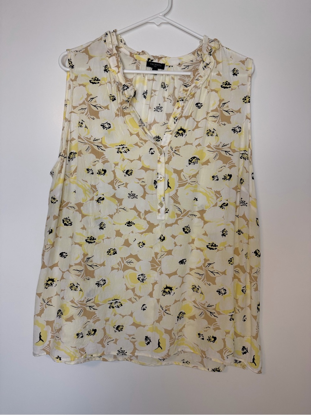 Talbots Cream Floral Sleeveless Henley Blouse with Yellow Accents